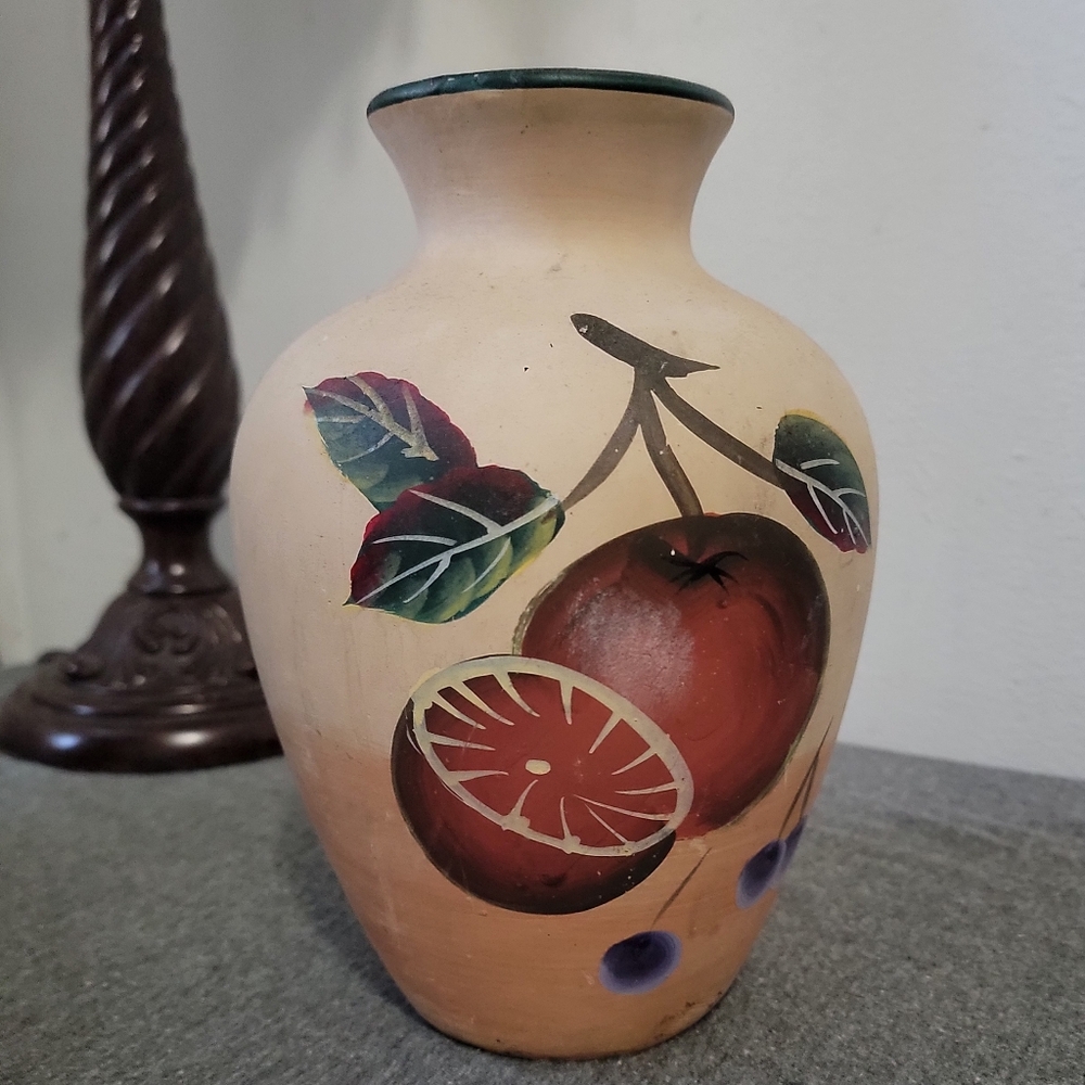 Hand-Painted Beige Vase with Fruit Design
